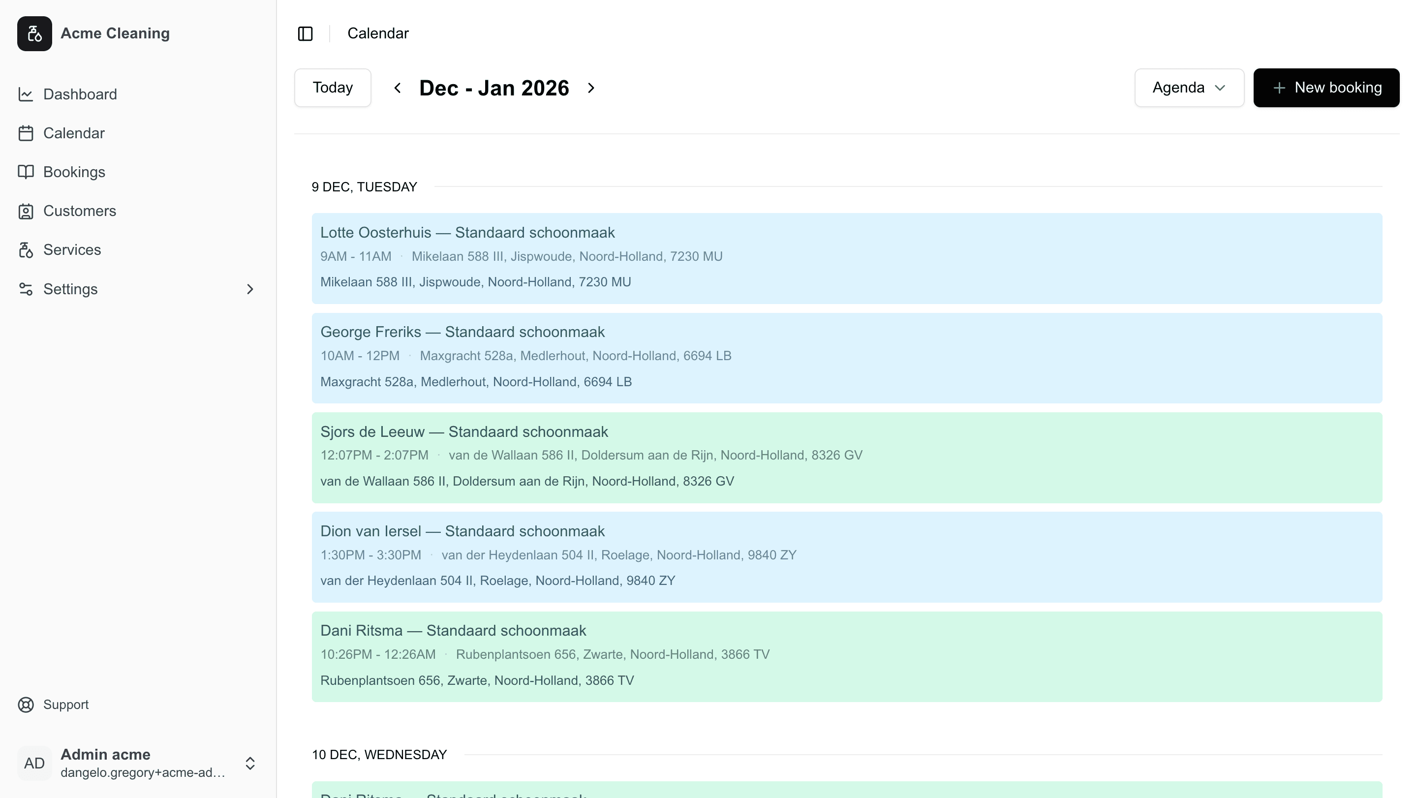 MaidFlow agenda view showing daily schedule